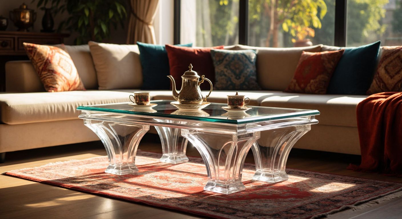 A sleek, transparent plexiglass coffee table in a modern Turkish living room, surrounded by plush cushions and a traditional çaydanlık (tea set), with sunlight softly reflecting off its scratch-resistant surface.