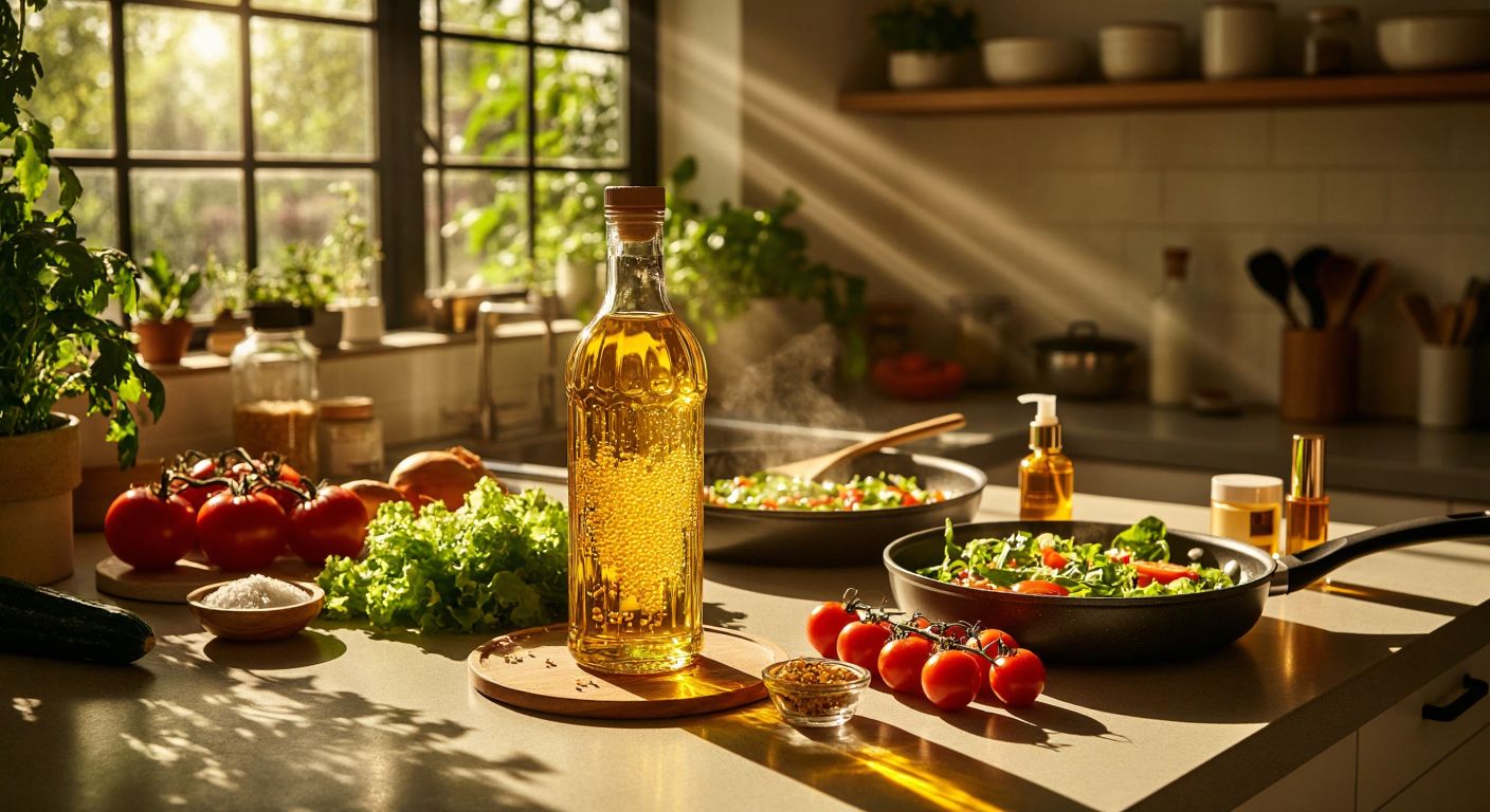 A golden bottle of corn oil sits on a sunlit kitchen counter surrounded by fresh vegetables, a sizzling frying pan, a bowl of salad, and cosmetic jars, with a warm, inviting glow.