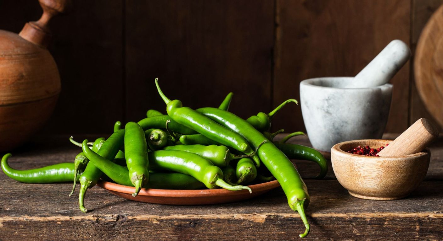 A rustic wooden table in a Turkish kitchen holds a vibrant assortment of green peppers—some long and sharp, others plump and round—with a mortar and pestle nearby, evoking curiosity and culinary tradition.