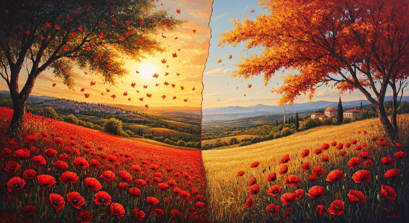 A serene Turkish landscape split diagonally—one half vibrant with blooming red poppies under a warm spring sun, the other half golden with falling autumn leaves under a soft twilight sky.