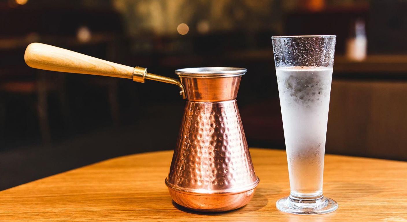 A traditional Turkish copper raki chiller resting on a wooden table beside a frosty glass of raki, with condensation droplets glistening under warm ambient light.