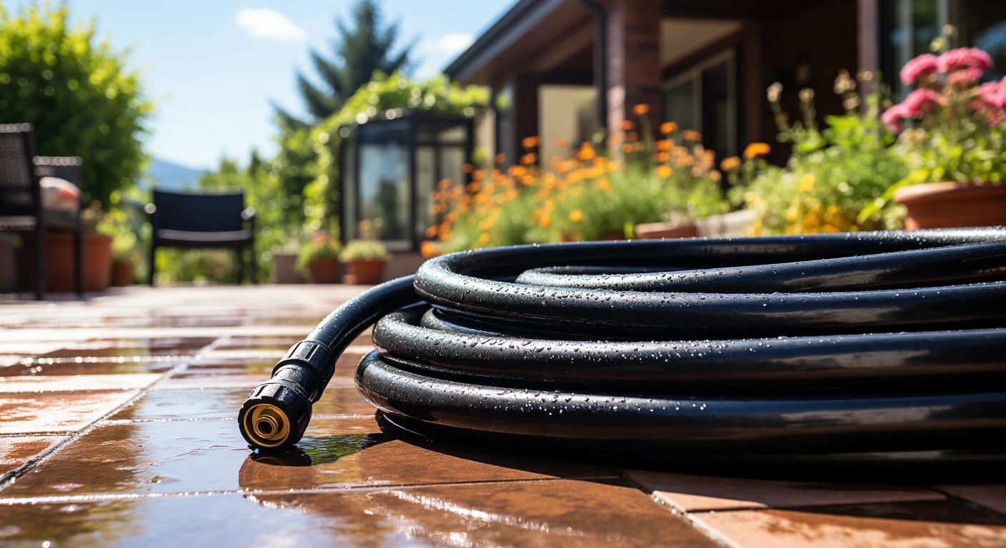 A sturdy black rubber hose coiled neatly on a sunlit Turkish patio, connected to a shiny electric pressure washer, with water droplets glistening on its surface.