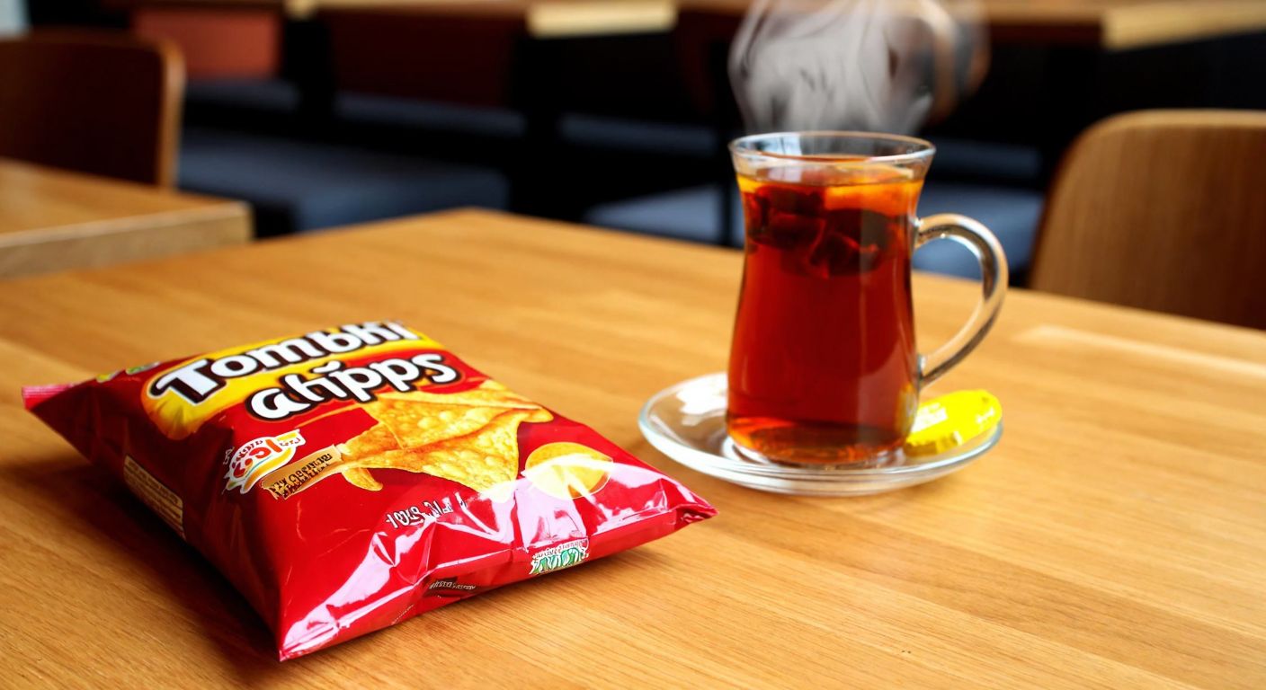 A colorful bag of Tombi chips resting on a wooden table in a Turkish café, with a glass of çay steaming beside it, evoking a casual snack-time atmosphere.