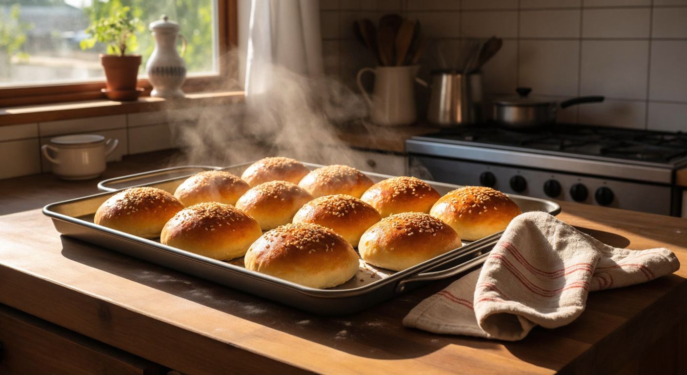 A golden-brown tray of freshly baked sodalı poğaça, steaming slightly, resting on a rustic wooden kitchen counter in a sunlit Turkish home, with a warm oven mitt nearby.