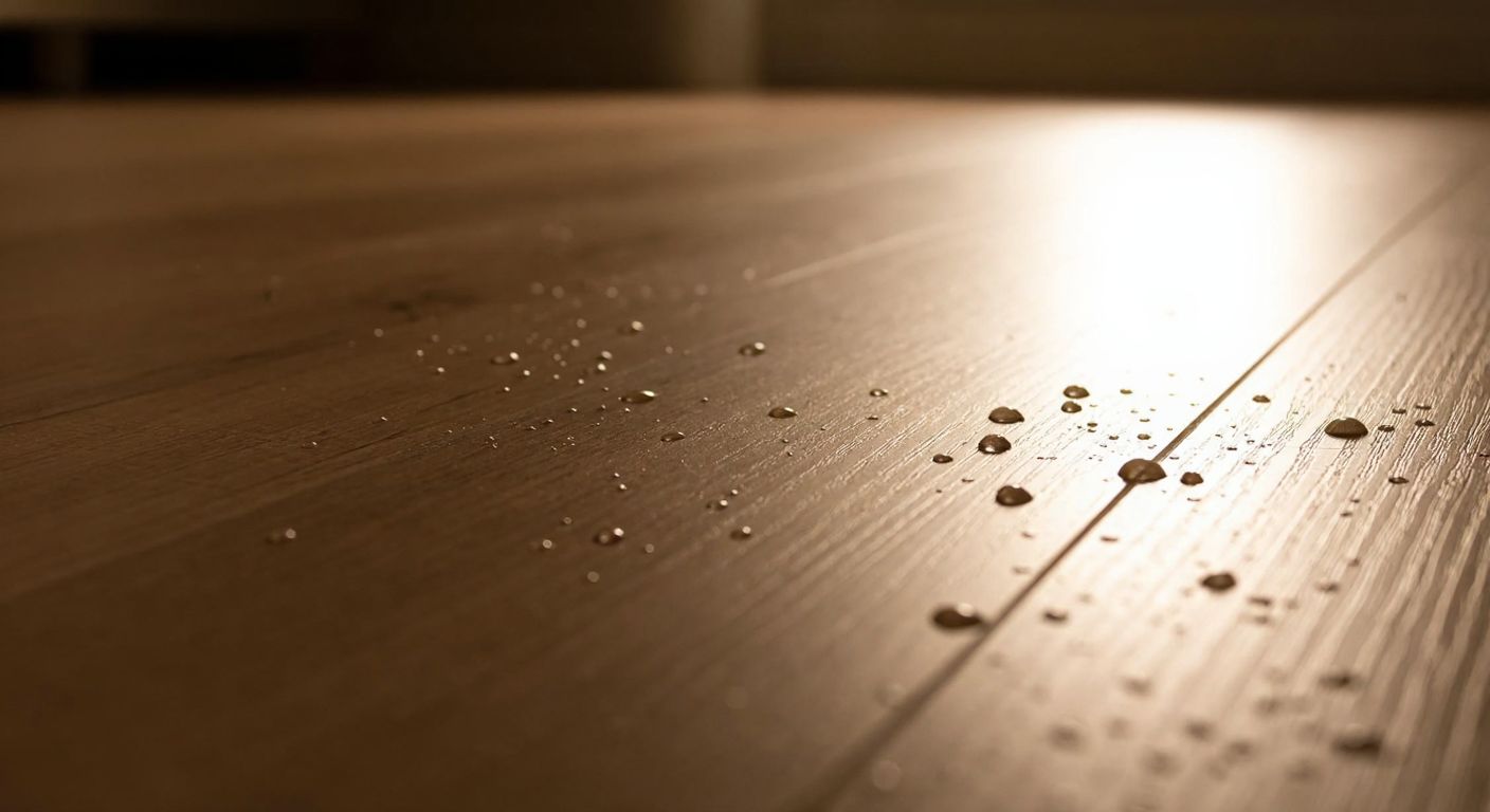 A close-up of polished TerraClick laminate flooring with water droplets beading on its surface, reflecting warm indoor lighting in a modern Turkish home.