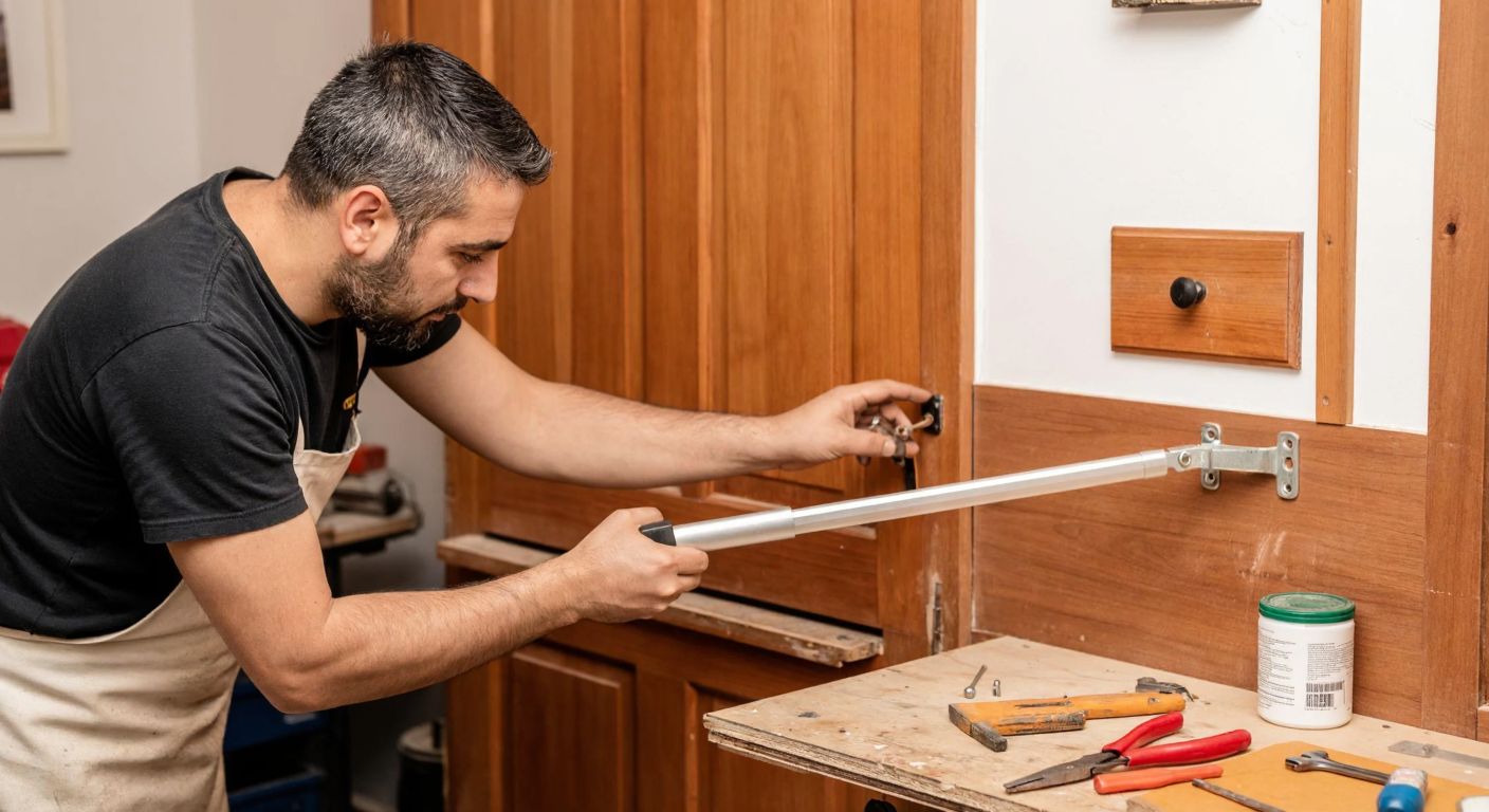 A Turkish craftsman in a workshop carefully adjusts a hydraulic door closer on a wooden door, with tools scattered on a workbench and a focused expression on his face.