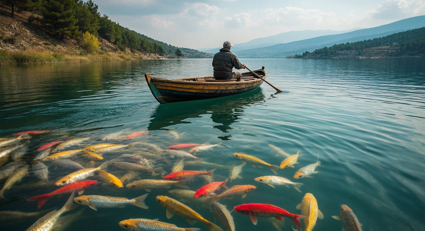A fisherman in a small wooden boat on a tranquil Turkish lake casts a colorful artificial lure into the water, surrounded by a variety of fish shapes beneath the surface, reflecting the versatility and effectiveness of the bait.