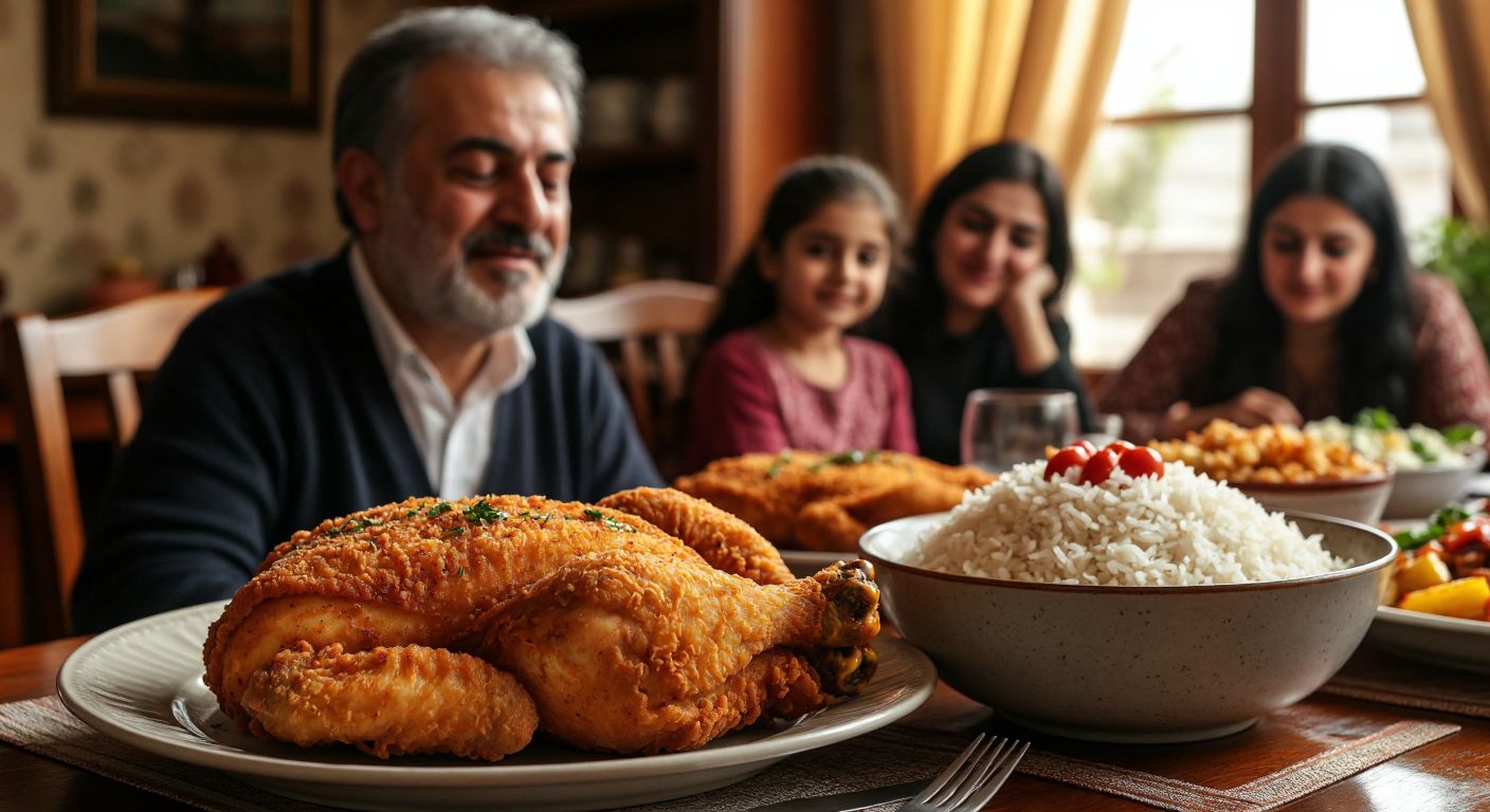 A golden-brown fried chicken breast on a plate next to a steaming bowl of rice, with a Turkish family sitting around a dining table, their expressions showing contentment and slight drowsiness after a hearty meal.