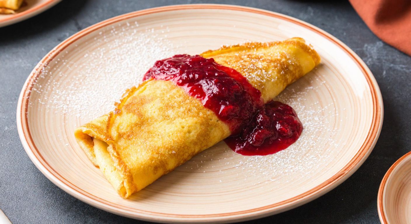 A warm, golden-brown rice flour crepe drizzled with honey and topped with a dollop of vibrant red fruit puree, served on a rustic Turkish ceramic plate with a dusting of powdered sugar.