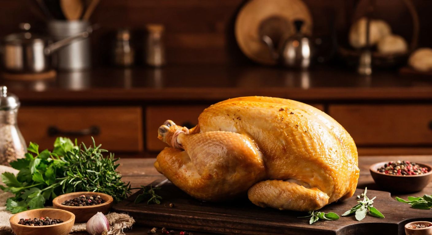 A plump, golden-brown village chicken resting on a rustic wooden table, surrounded by fresh herbs and spices, with a warm, inviting kitchen in the background.