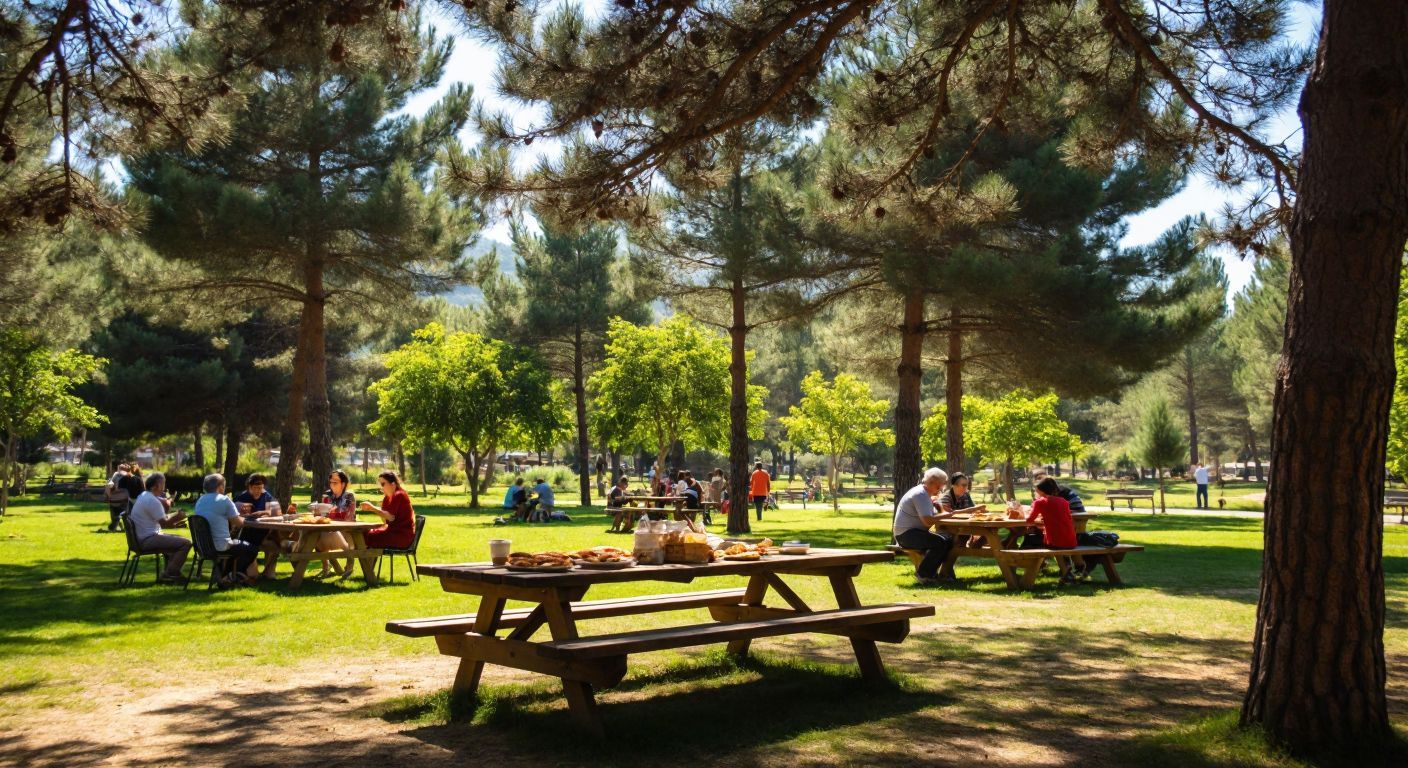 A wooden picnic table in a sunny Turkish park, surrounded by families enjoying homemade börek and çay, with children playing nearby under the shade of pine trees.