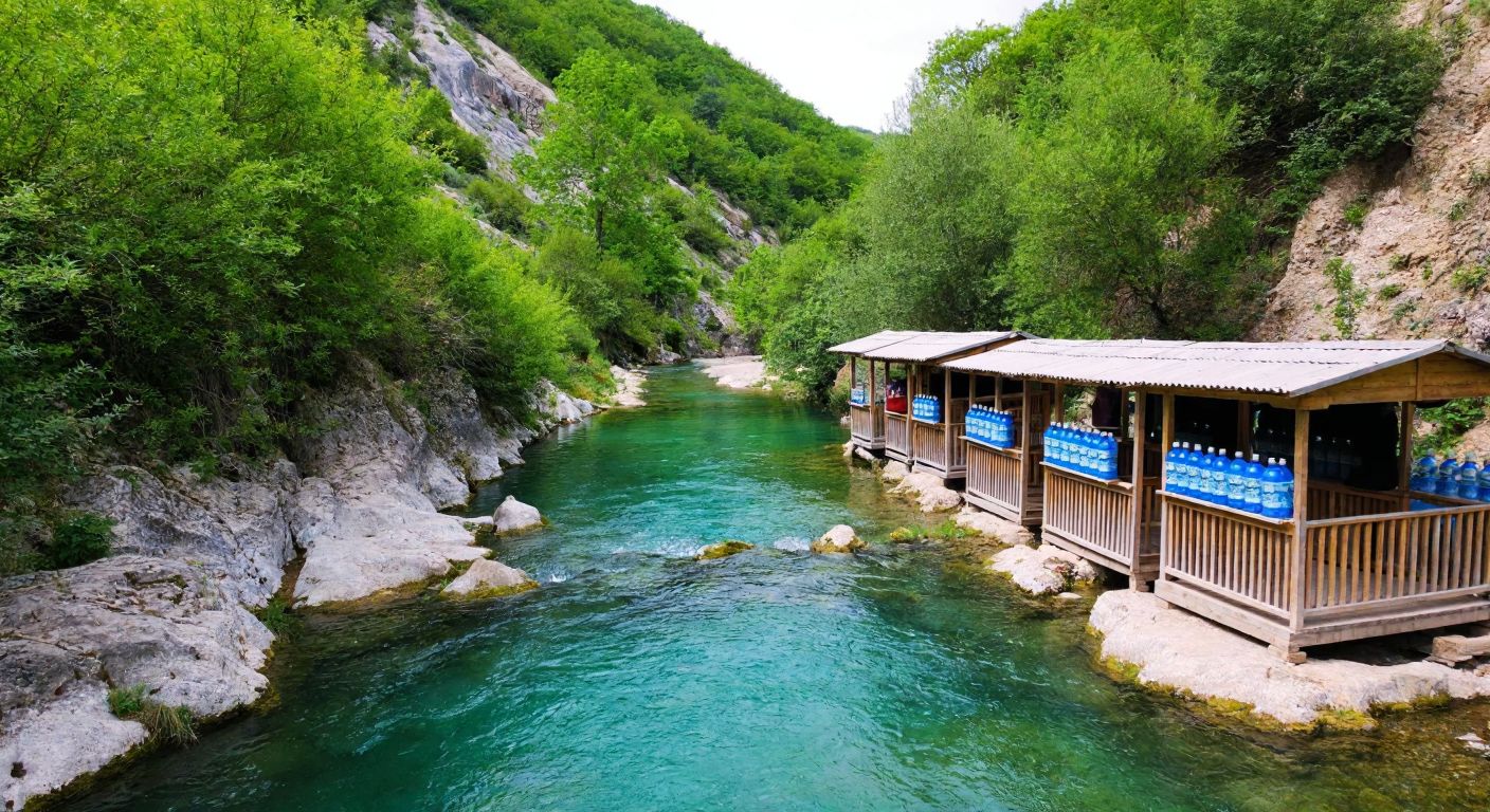 A serene natural spring in a lush green valley with crystal-clear water flowing between rocky hills, flanked by small wooden stalls selling bottled water in Istanbul's Sancaktepe and Balıkesir's countryside.