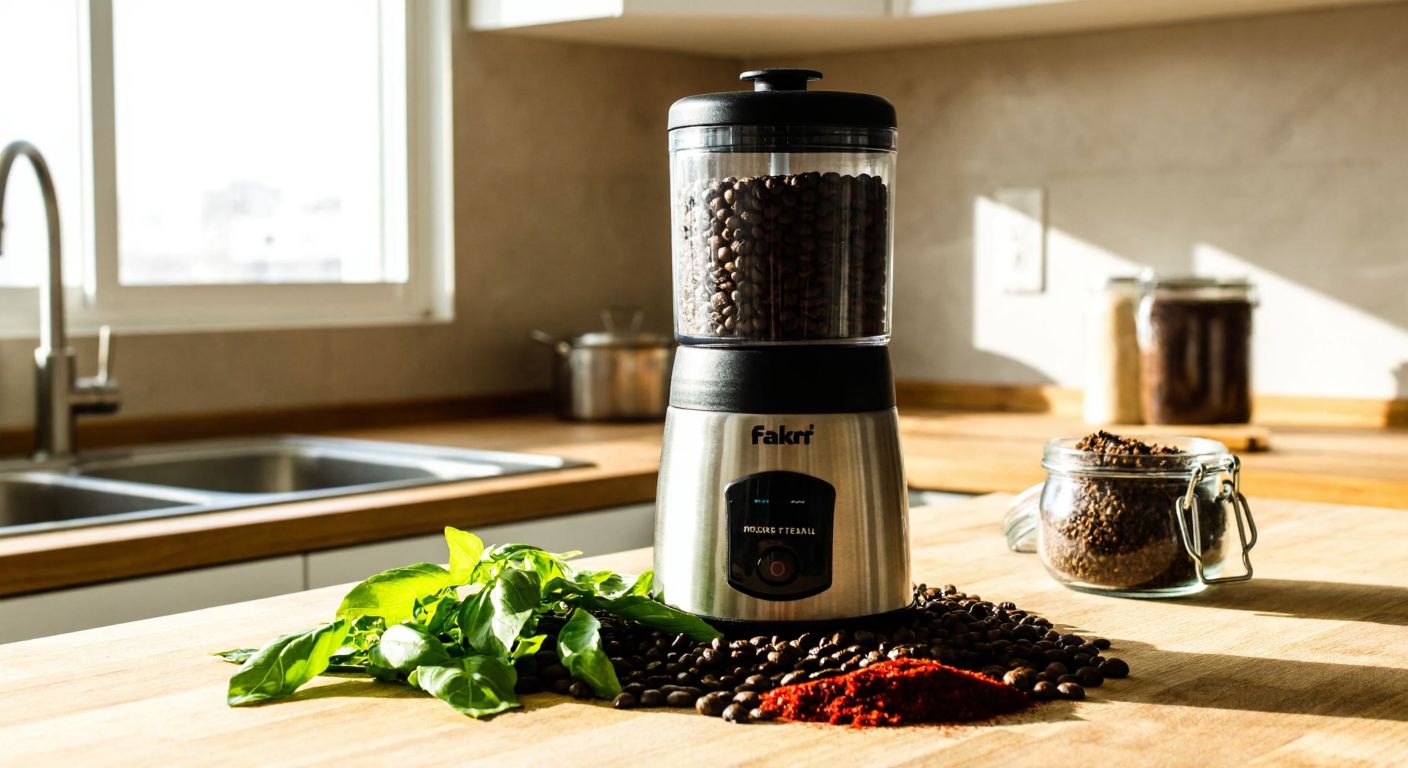 A Fakir brand grinder sits on a wooden kitchen counter in a sunlit Turkish home, surrounded by fresh coffee beans and aromatic spices like cumin and sumac.