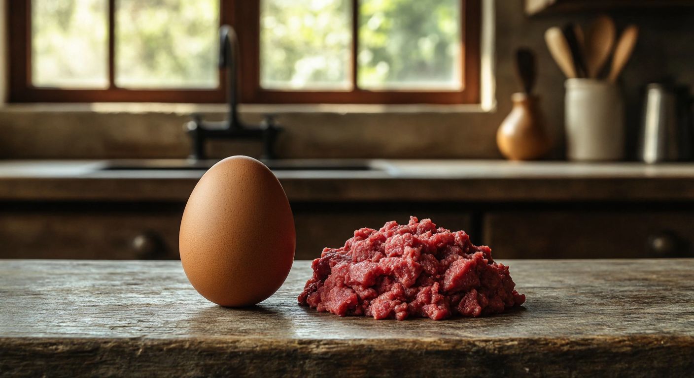 A fresh brown egg and a small pile of minced red meat (60g) side by side on a rustic wooden table in a Turkish kitchen, with a warm morning light filtering through the window.