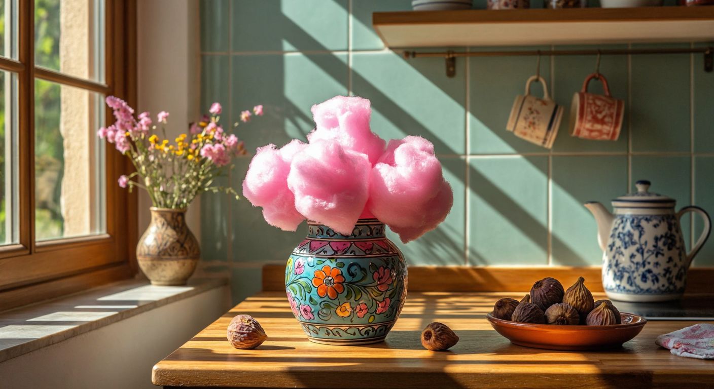 A colorful glass jar filled with fluffy pink cotton candy sits on a wooden kitchen counter in a sunlit Turkish home, with a ceramic sugar bowl and dried figs nearby.