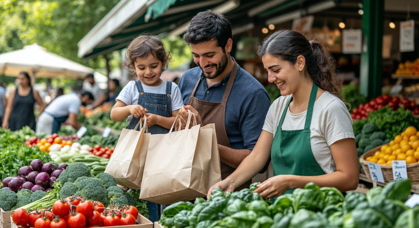 A smiling Turkish family at a local farmers' market, carefully selecting fresh, unpackaged produce while holding reusable bags, with a vibrant green background symbolizing sustainability.