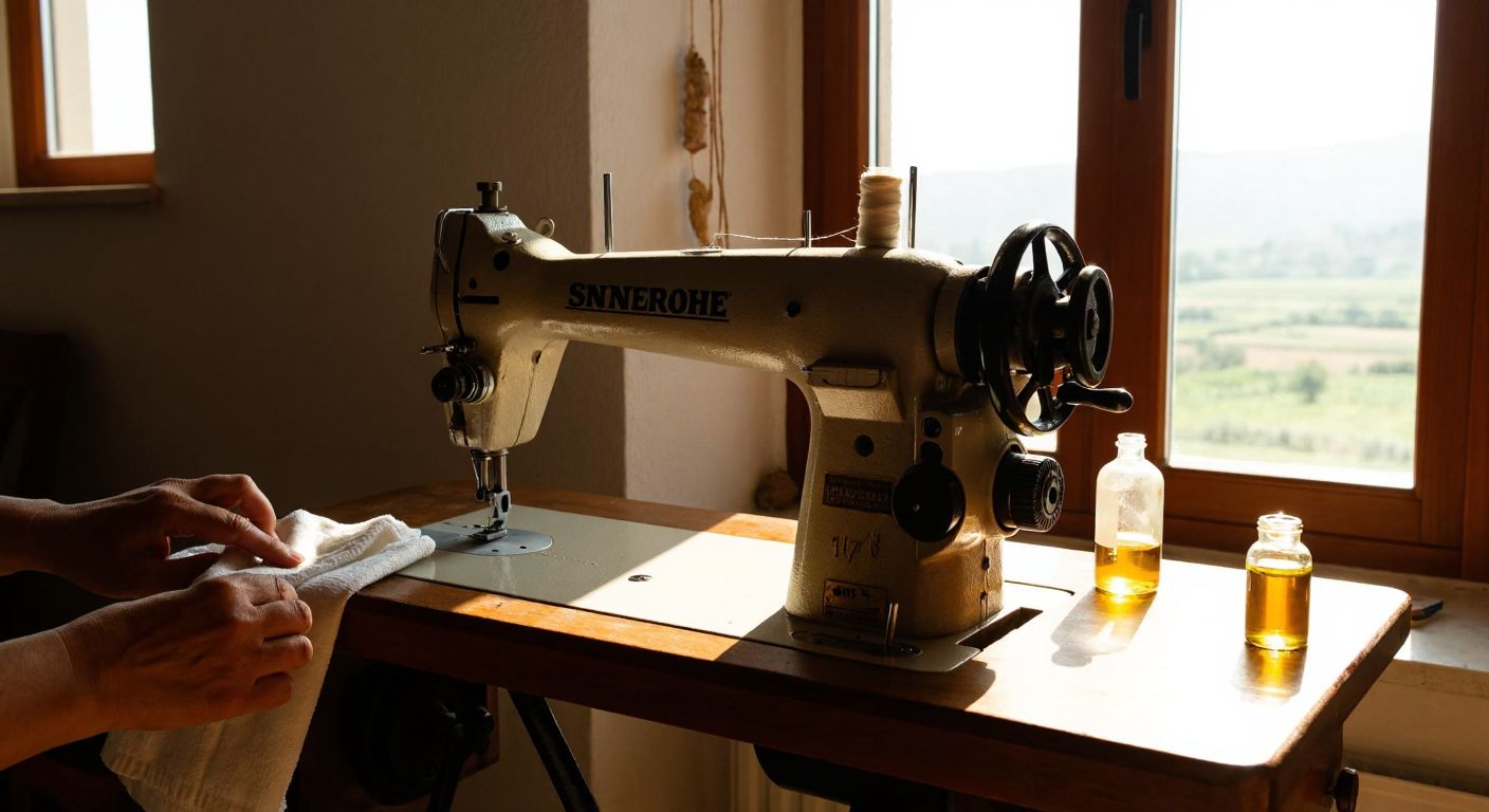 A well-worn sewing machine sits on a wooden table in a sunlit Turkish home, with a small bottle of oil and a clean cloth beside it, while a pair of skilled hands carefully inspects the machine's parts.