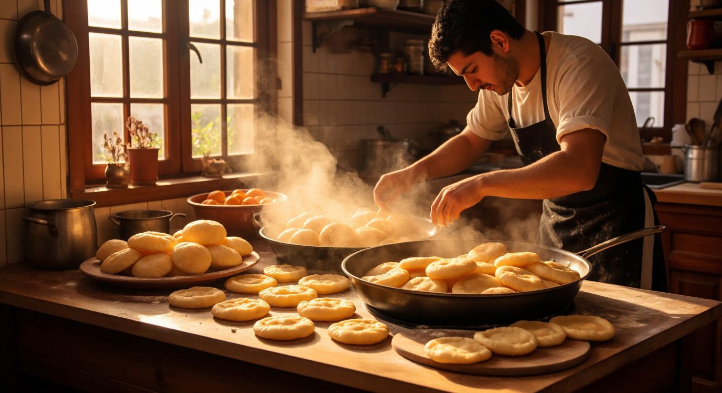 A warm Turkish kitchen with a wooden countertop, where hands knead soft dough for pişi, while golden rounds sizzle in a bubbling pan of oil nearby.