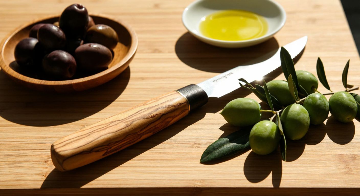 A rustic wooden olive-handled knife rests on a sunlit wooden table beside fresh olives and a small bowl of olive oil, evoking natural durability and Turkish craftsmanship.
