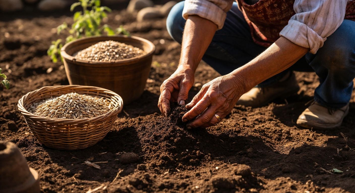 A pair of weathered hands carefully planting broom seeds in rich, dark soil under the warm glow of the Turkish sun, with a woven basket of seeds and a clay watering pot nearby.