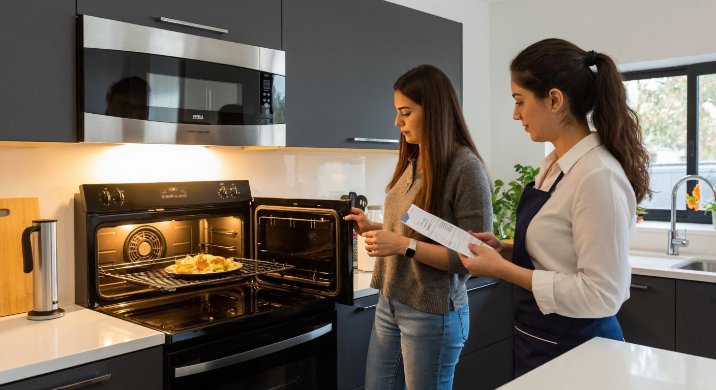A Turkish woman in a modern kitchen carefully inspecting a second-hand built-in oven, checking its interior light and clean surfaces while a shopkeeper stands nearby holding a receipt.