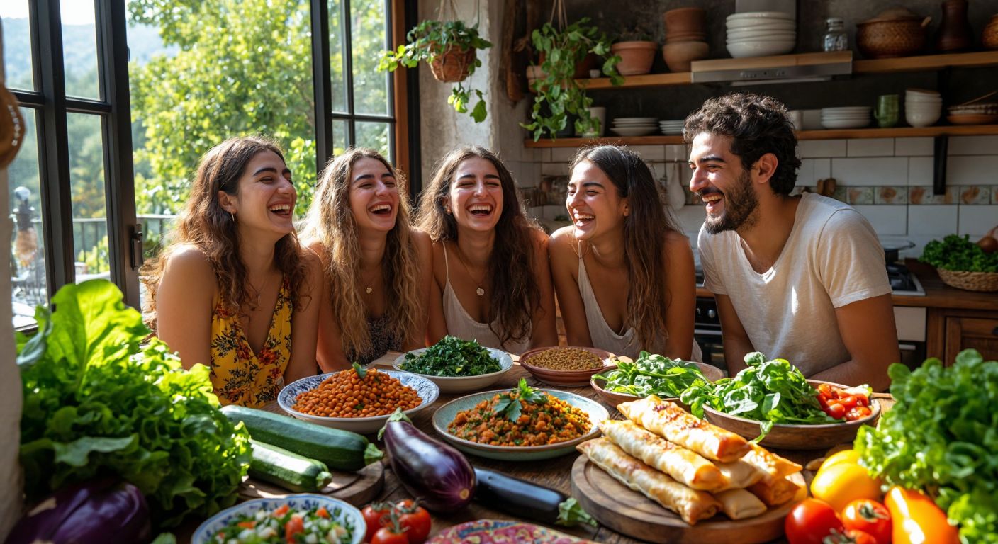 Four friends laughing in a sunlit Turkish kitchen, surrounded by colorful ingredients like lentils, eggplant, zucchini, and spinach, with freshly made mercimek köftesi and sigara böreği arranged on a rustic wooden table.