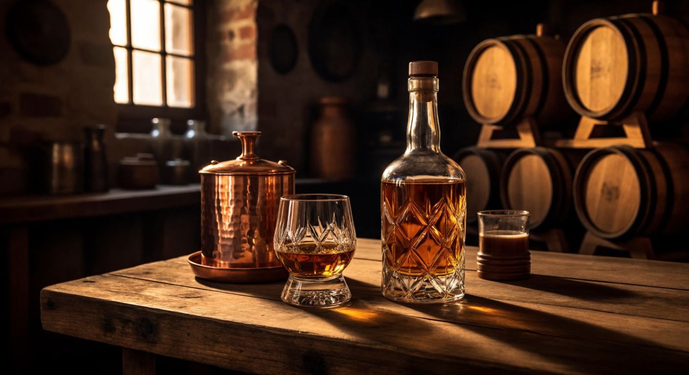 A rustic wooden table in a dimly lit Turkish tavern holds two crystal glasses—one filled with amber-hued single malt whiskey beside a copper still, the other with blended whiskey resting near a cluster of oak barrels, evoking craftsmanship and tradition.