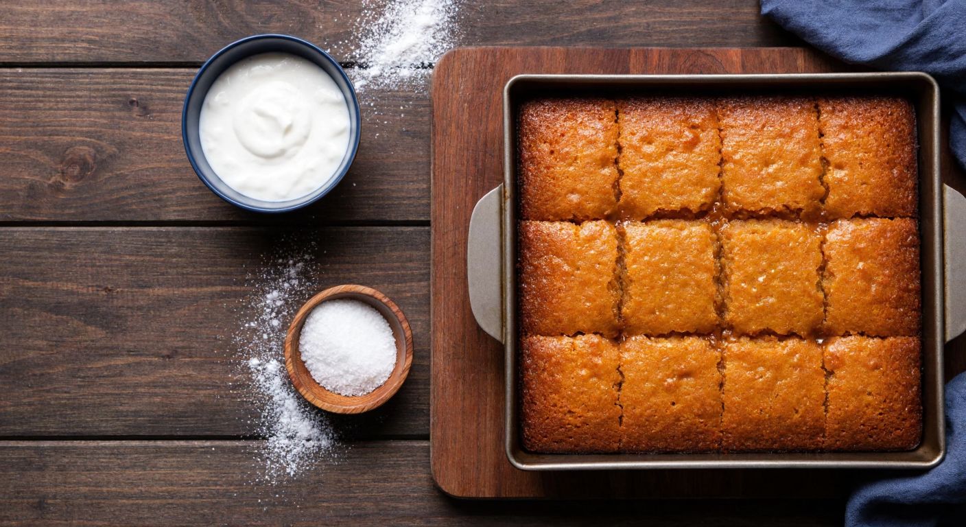 A golden-brown tray of freshly baked şambali dessert sits on a rustic wooden table, with a small bowl of yogurt mixed with baking powder placed beside it, surrounded by scattered flour and sugar, evoking a warm, homemade Turkish kitchen scene.