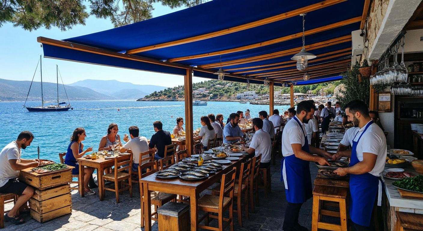 A bustling seafood restaurant by the Aegean coast, with wooden tables under a blue canopy, waiters serving grilled fish on copper trays, and diners laughing under the warm sun, framed by the turquoise sea and distant sailboats.