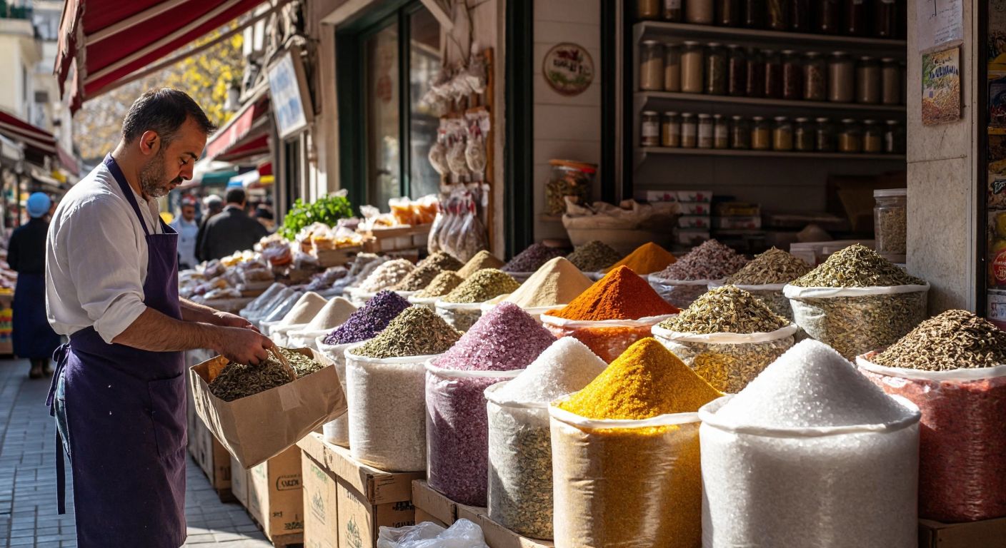 A bustling Turkish spice market with colorful sacks of granulated citric acid (limon tuzu) displayed alongside jars of dried herbs, a shopkeeper in an apron scooping the crystals into a paper bag, and warm sunlight filtering through the awnings.