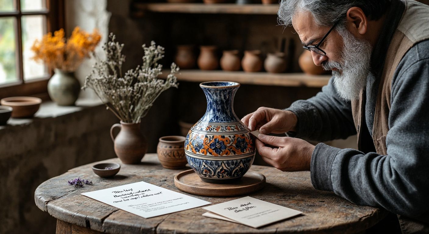A Turkish artisan carefully photographs a handmade ceramic vase from multiple angles on a rustic wooden table, surrounded by detailed product notes and a handwritten thank-you card, conveying dedication to quality and customer satisfaction.