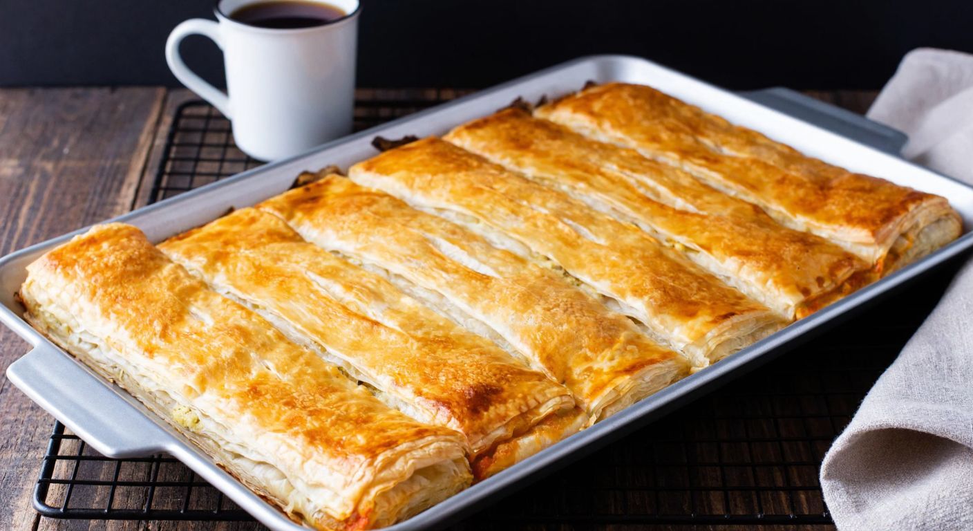 A golden-brown tray of layered Turkish potato börek, freshly baked with flaky pastry sheets and a visible cross-section showing six distinct layers, resting on a rustic wooden table with a steaming cup of çay nearby.