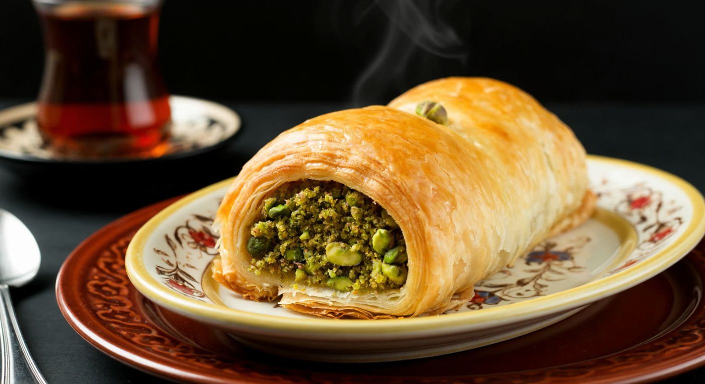 A golden-brown, flaky baklava pastry roll filled with crushed pistachios, resting on a traditional Turkish ceramic plate with a steaming cup of tea in the background.