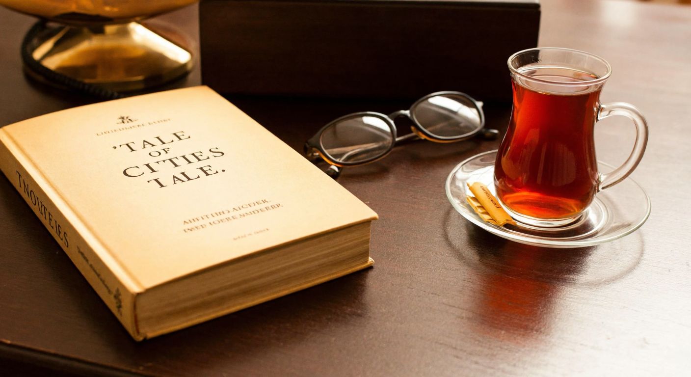 A weathered copy of *A Tale of Two Cities* rests on a wooden desk beside a steaming cup of Turkish tea, with a pair of reading glasses and a bookmark tucked between its pages.