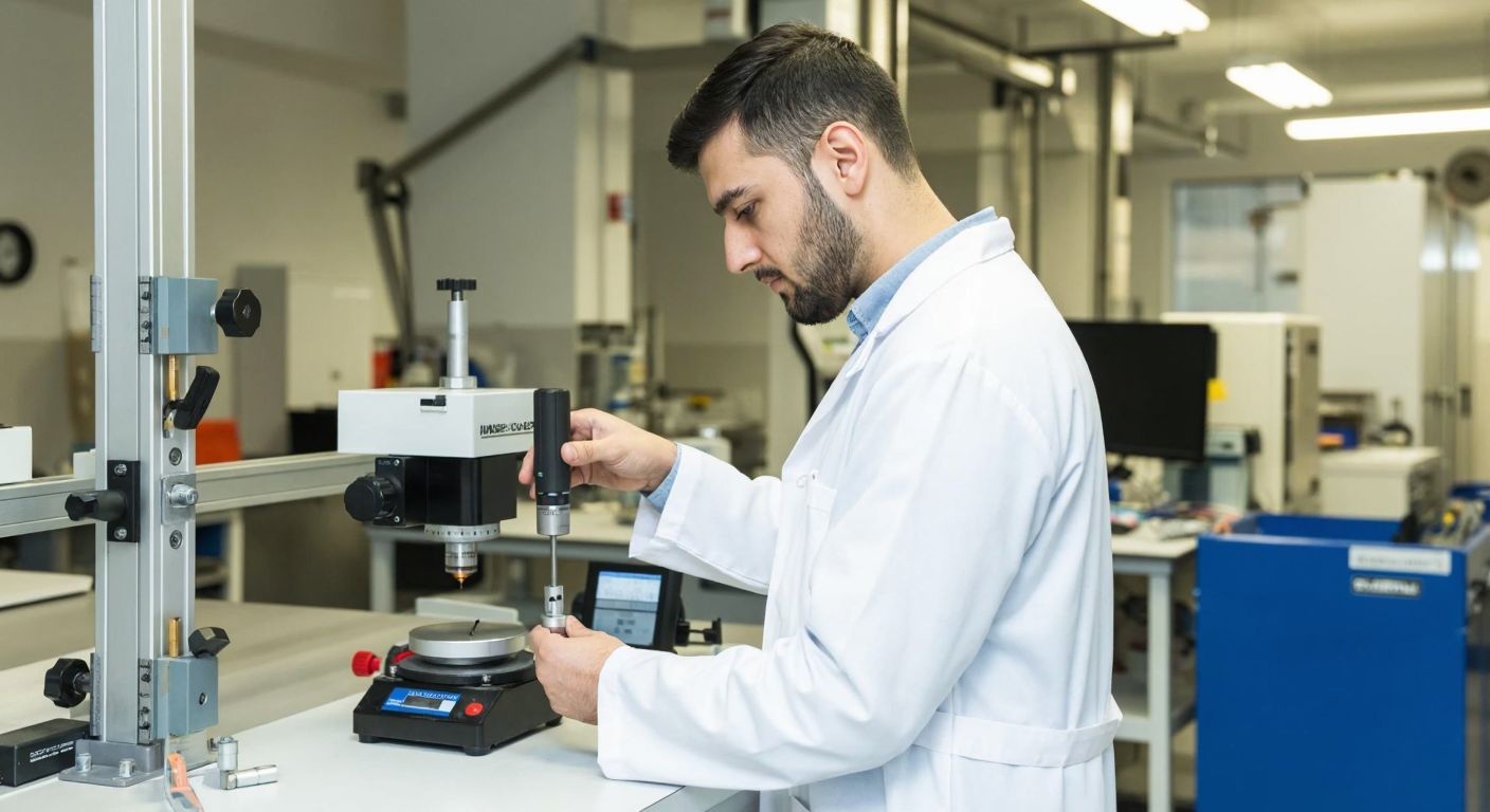 A focused Turkish metrology technician in a white lab coat carefully calibrates a precision measuring device in a well-lit industrial laboratory, surrounded by various calibrated instruments and tools.