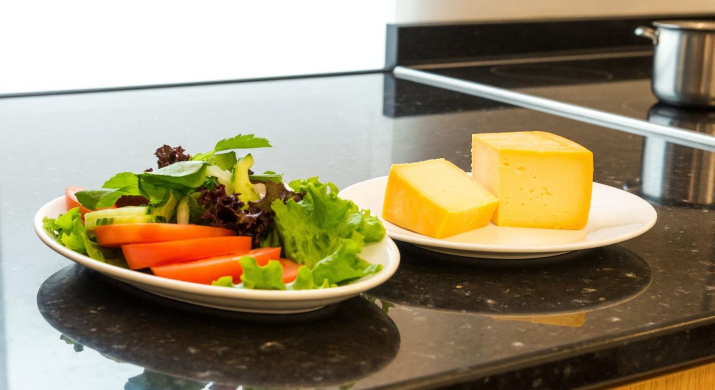 A Turkish kitchen counter with a small plate holding two cubes of golden-yellow kaşar cheese beside a colorful salad of fresh vegetables, conveying portion control and balanced eating.