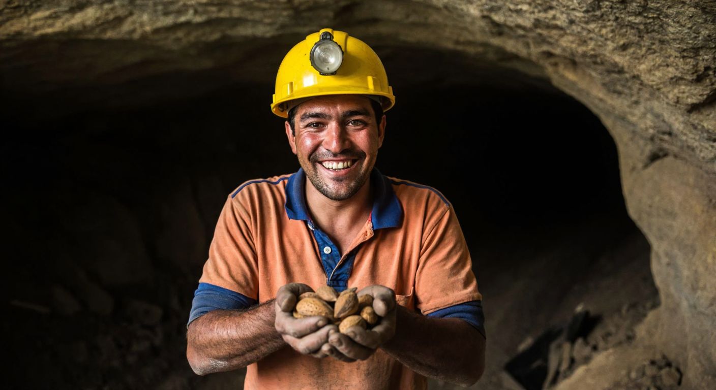 A cheerful man with a miner's helmet stands in a dimly lit cave, grinning as he cracks open a fresh almond (badem) with his dusty hands.