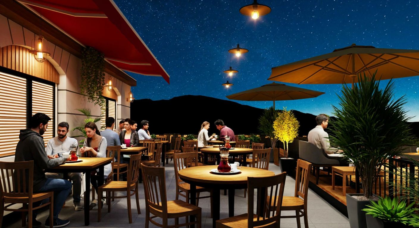 A cozy café terrace with warm lighting, wooden tables, and patrons enjoying tea and Turkish coffee, surrounded by potted plants under a starry night sky.