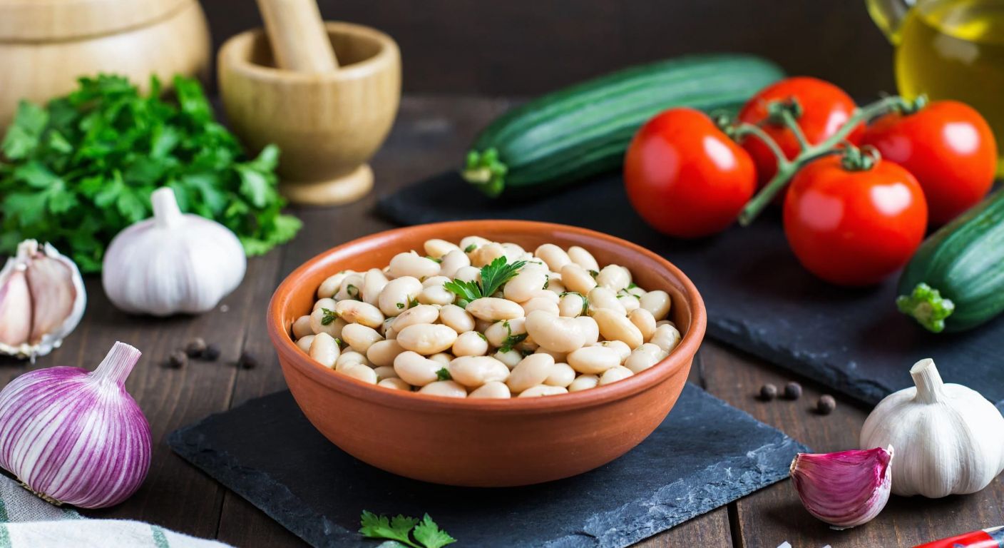 A rustic Turkish kitchen countertop with a bowl of overcooked white beans, surrounded by fresh ingredients like tomatoes, cucumbers, parsley, garlic, and olive oil, with a mortar and pestle nearby, evoking a warm, homey cooking atmosphere.