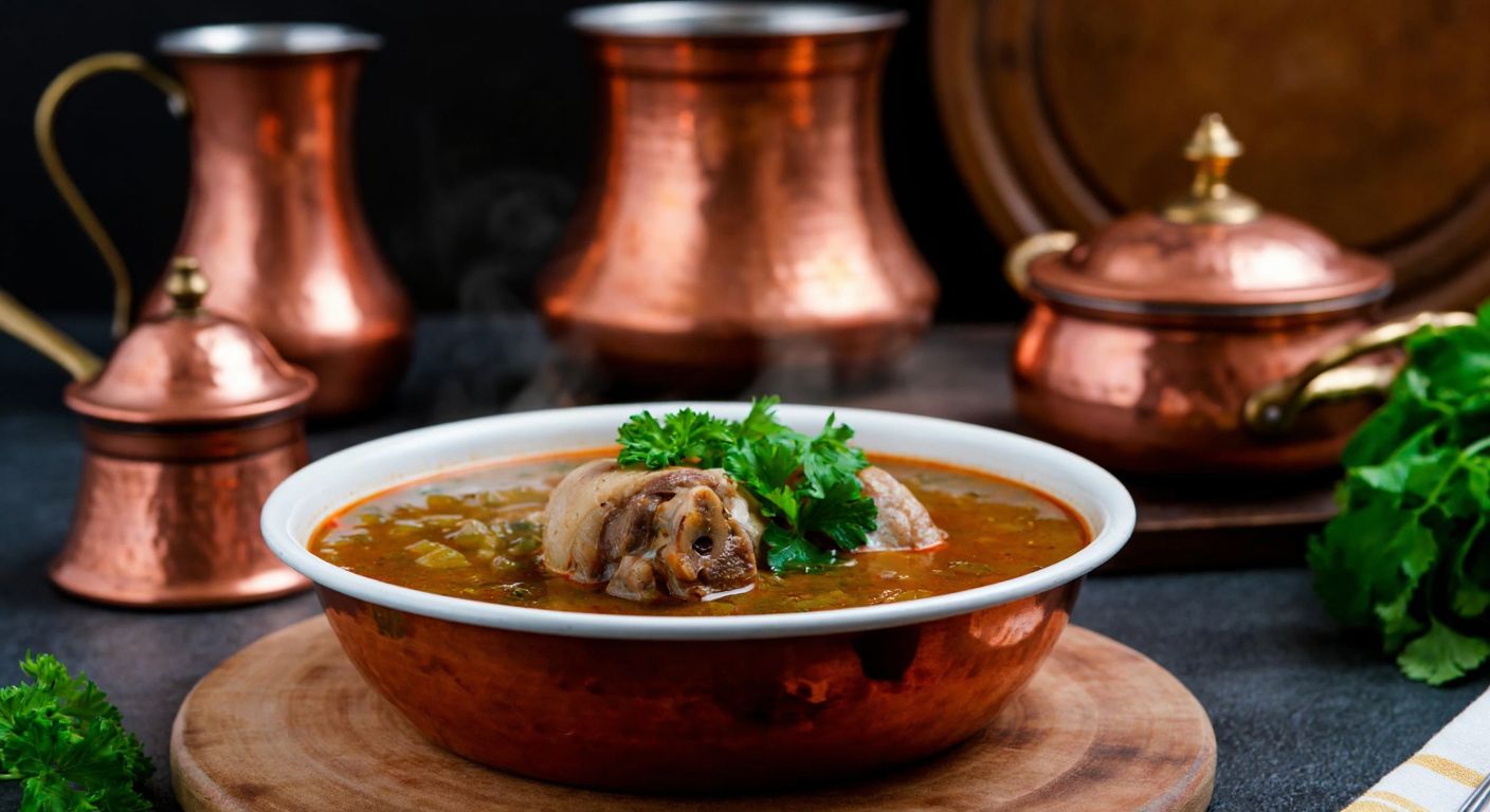 A steaming bowl of rich, golden-brown lamb trotter soup garnished with fresh parsley, set on a rustic wooden table with a backdrop of traditional Turkish copper cookware and warm kitchen lighting.