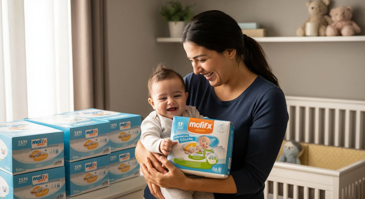 A smiling Turkish mother holding a Molfix diaper package while gently cradling her giggling baby, surrounded by neatly stacked diaper boxes labeled with different sizes in a cozy, sunlit nursery.