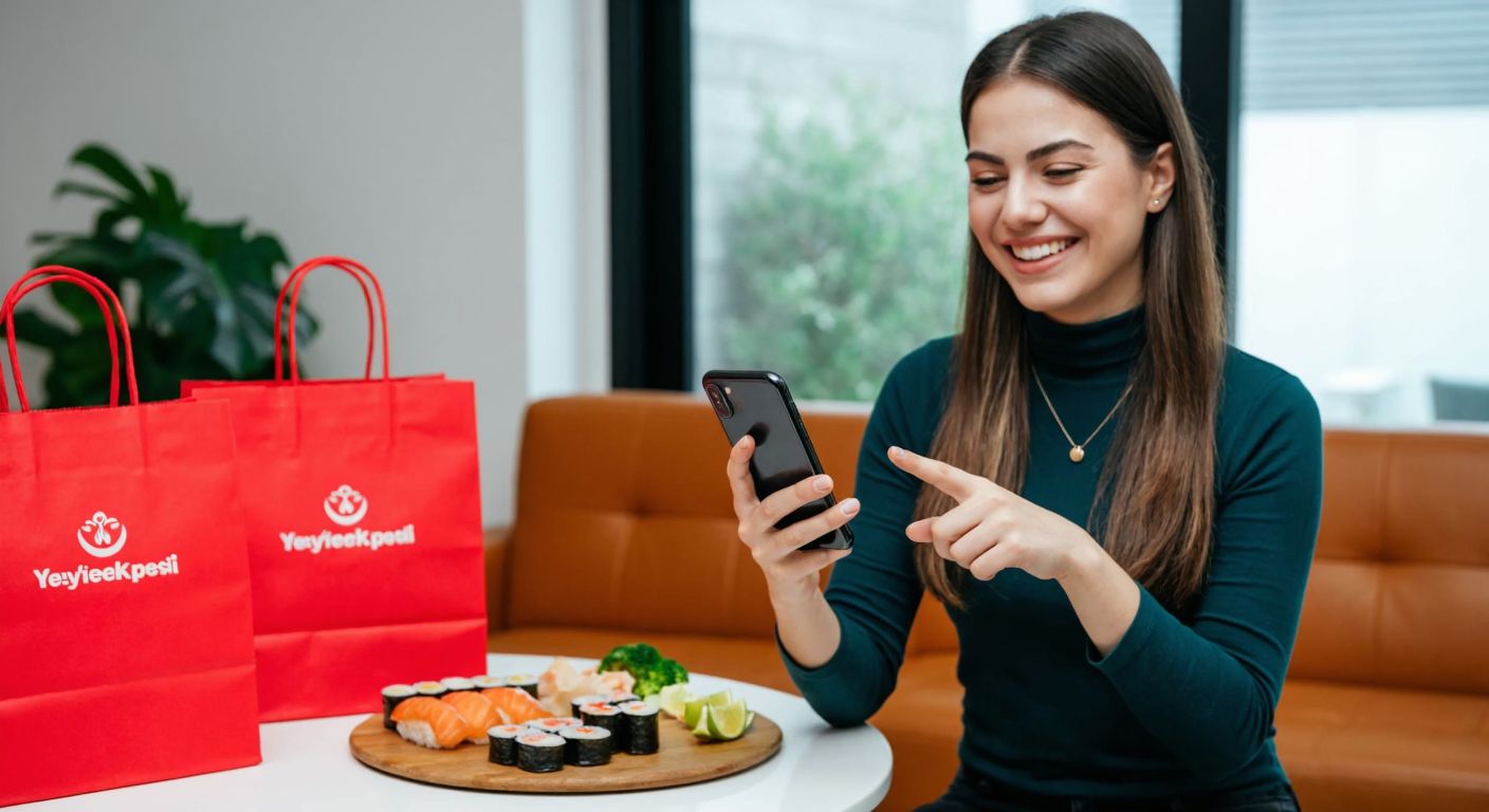A smiling Turkish woman in a cozy home setting, holding a smartphone with a vibrant sushi platter on the table beside her, surrounded by delivery bags from Yemeksepeti and GetirYemek.
