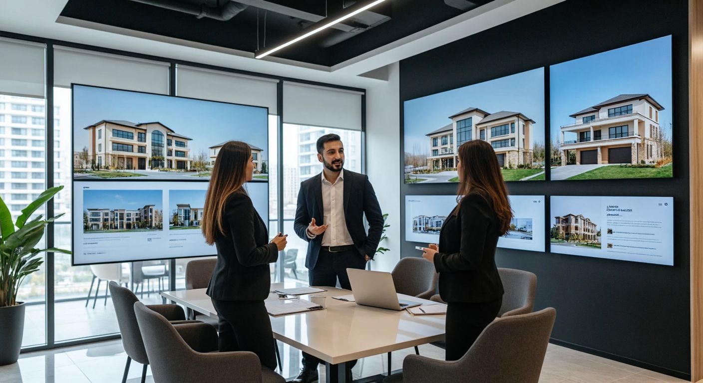 A modern real estate office in Azerbaijan with agents in professional attire discussing property listings, surrounded by images of apartments and houses on digital displays.