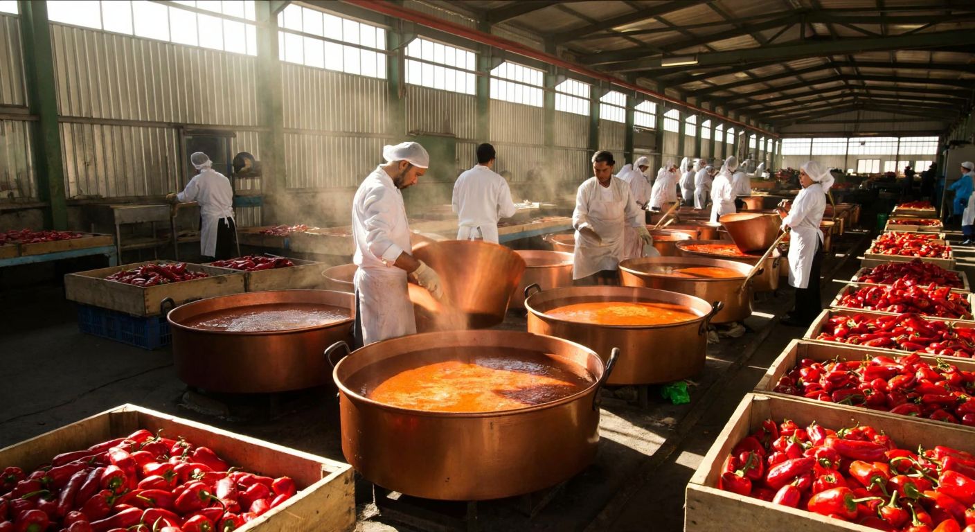 A sunlit factory in İskenderun, Hatay, with workers in white aprons stirring large copper pots of simmering red pepper paste, surrounded by crates of fresh red peppers.