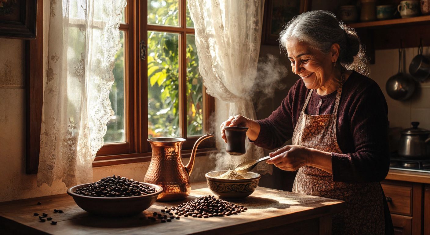 A warm Turkish kitchen scene with a copper cezve brewing coffee, a bowl of fresh coffee bean husks beside it, and a smiling elderly woman grinding the husks into a fine powder while sunlight streams through a lace-curtained window.