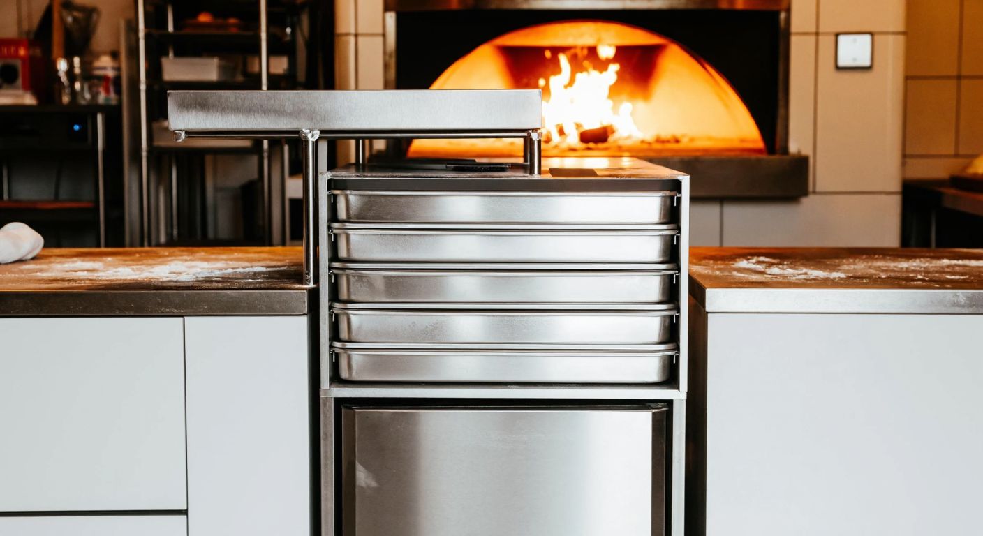 A stainless steel two-door pizza preparation cabinet with neatly stacked, empty GN 1/3 containers inside, placed in a bustling Turkish pizzeria kitchen with flour-dusted countertops and a wood-fired oven glowing in the background.