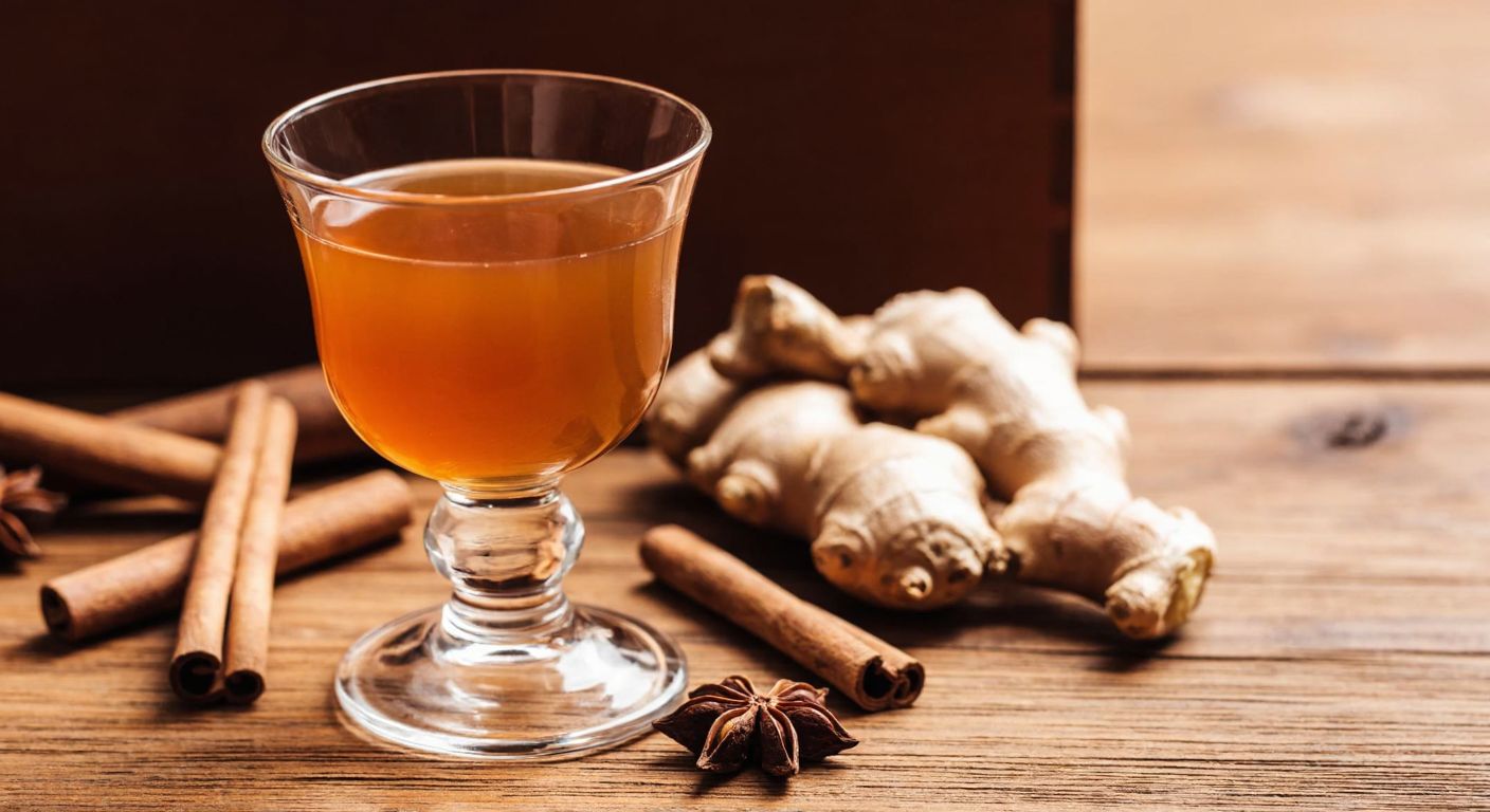 A warm, amber-hued glass of spiced liquor sits on a wooden table, surrounded by cinnamon sticks, cloves, and ginger roots, evoking a cozy Turkish tavern atmosphere.