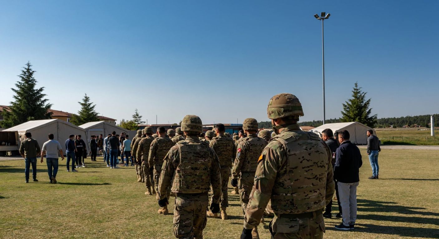 A group of Turkish soldiers in camouflage uniforms moving in formation toward a marked open field, while civilians gather calmly at a nearby park with emergency tents set up under a clear blue sky.