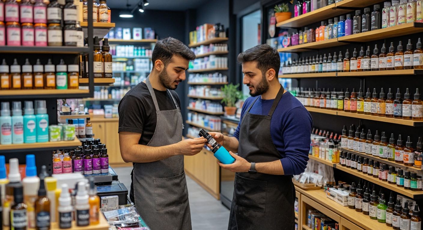 A bustling Turkish vape shop with shelves lined with colorful Elfbar e-liquid bottles, a shopkeeper in a casual apron assisting a curious customer holding a bright blue vape device.