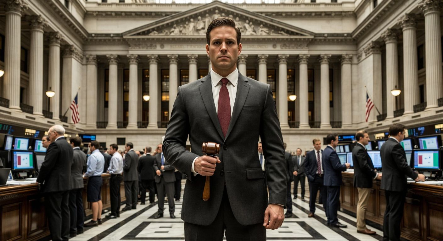 A stern American official in a formal suit stands confidently in front of a grand courthouse, holding a gavel while overseeing a bustling stock exchange floor filled with traders in sharp business attire.